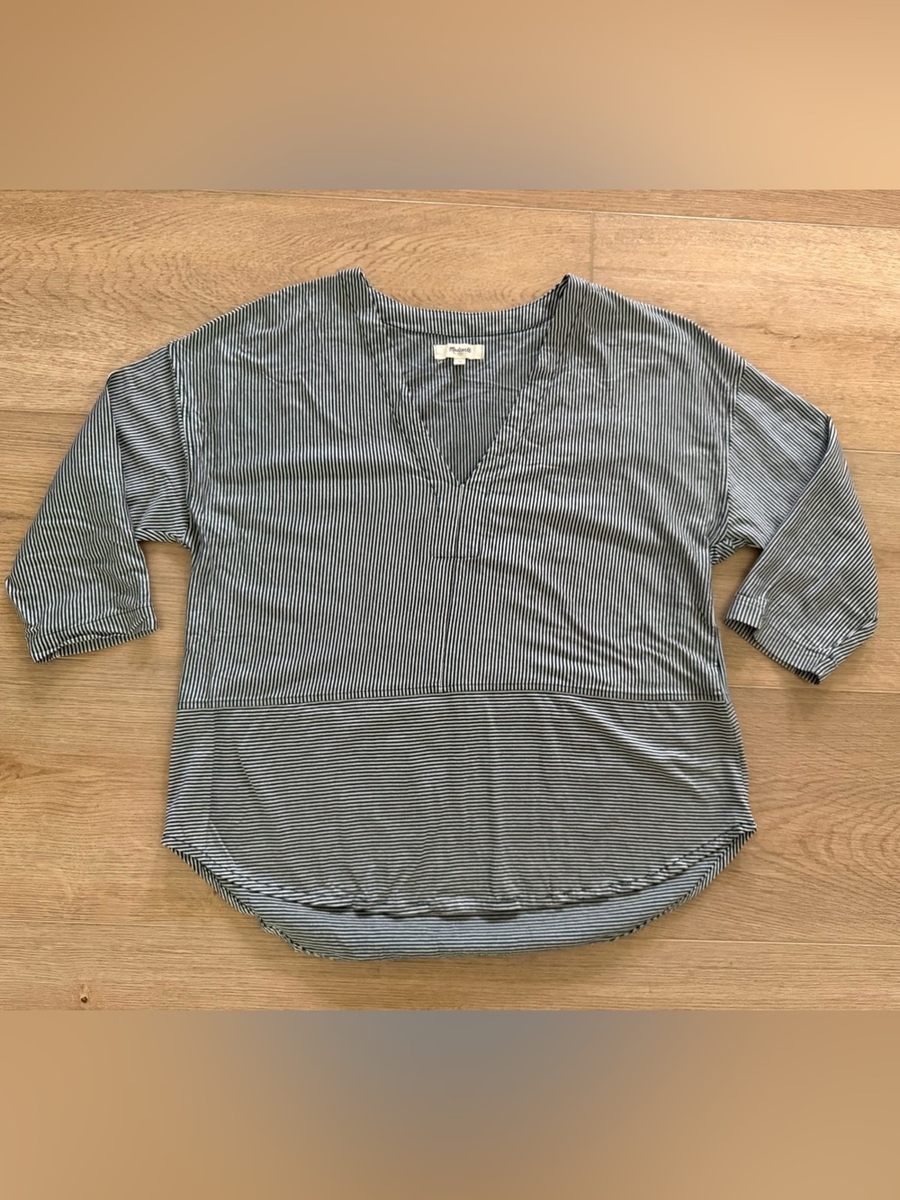 Madewell Mixed Stripe V Neck Peplum Top Size M Navy Ivory Cotton